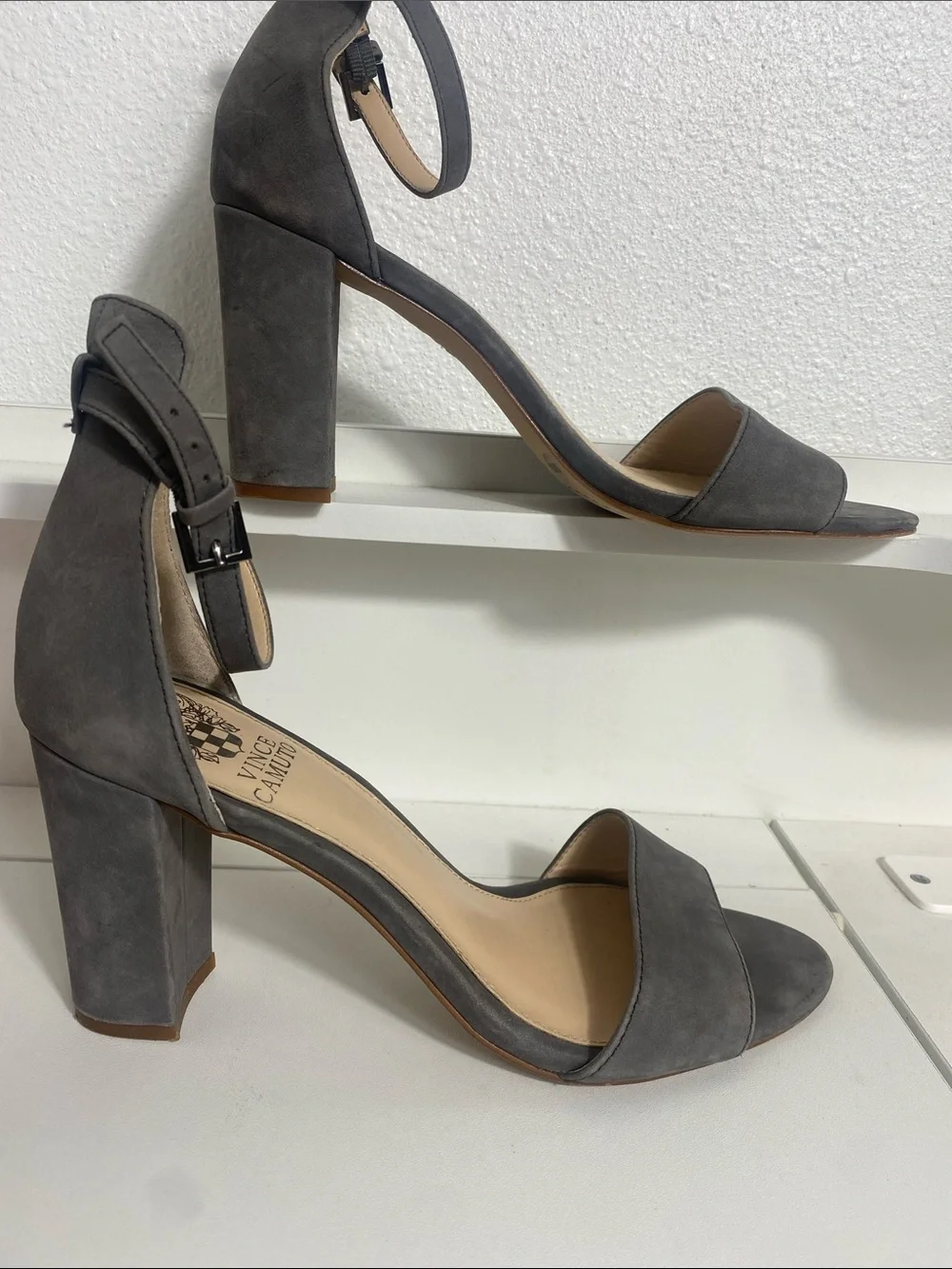 Vince Camuto Charcoal Suede Ankle-Strap Block Heels Size 7.5 M